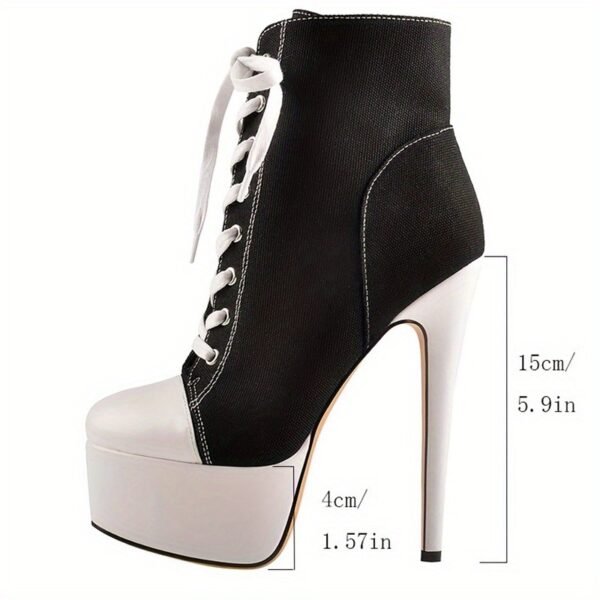 Platform Canvas High Heels Round Toe Lace Up Sneaker Boots Casual Stiletto Heels - 图片 6