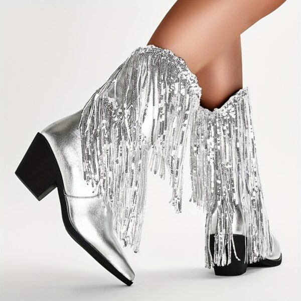 Shimmering Sequins Tassel Boots Chunky Soft Sole Heel Boots - 图片 7