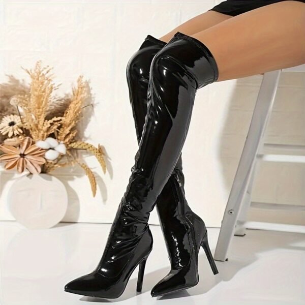 Solid Color Trendy Boots Side Zipper Casual Stiletto Over Knee Boots Versatile Point Toe Stretch Slim Boots - 图片 7