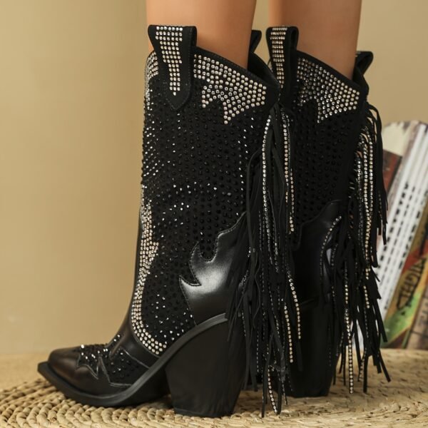 Rhinestone Boots Side Zipper Tassel Chunky Heel Knight Boots Point Toe Mid calf Western Cowboy Boots - 图片 9