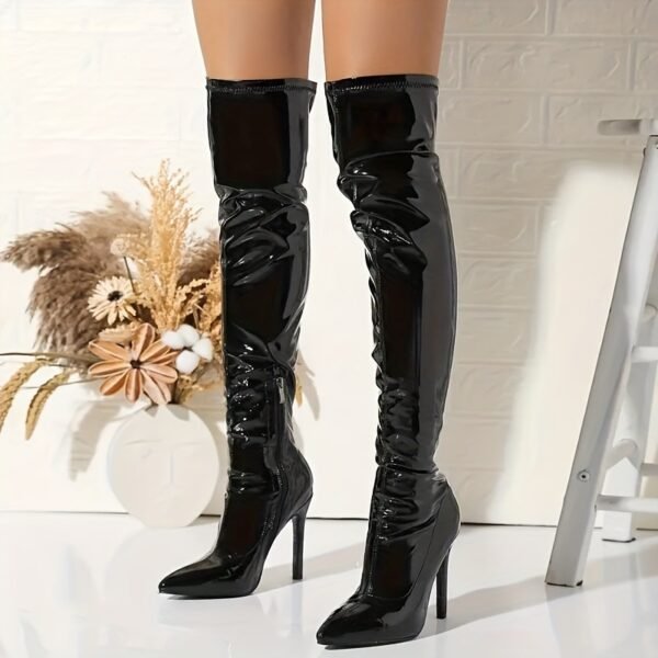 Solid Color Trendy Boots Side Zipper Casual Stiletto Over Knee Boots Versatile Point Toe Stretch Slim Boots - 图片 6