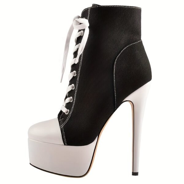 Platform Canvas High Heels Round Toe Lace Up Sneaker Boots Casual Stiletto Heels - 图片 4
