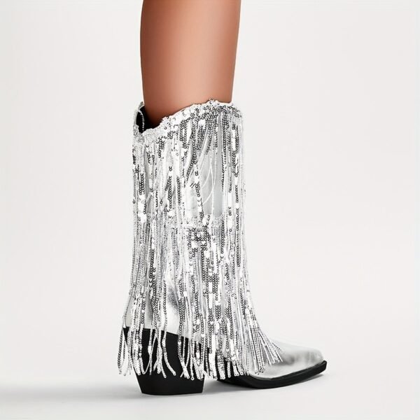 Shimmering Sequins Tassel Boots Chunky Soft Sole Heel Boots - 图片 6