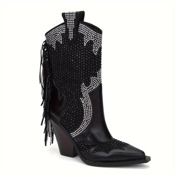 Rhinestone Boots Side Zipper Tassel Chunky Heel Knight Boots Point Toe Mid calf Western Cowboy Boots - 图片 8