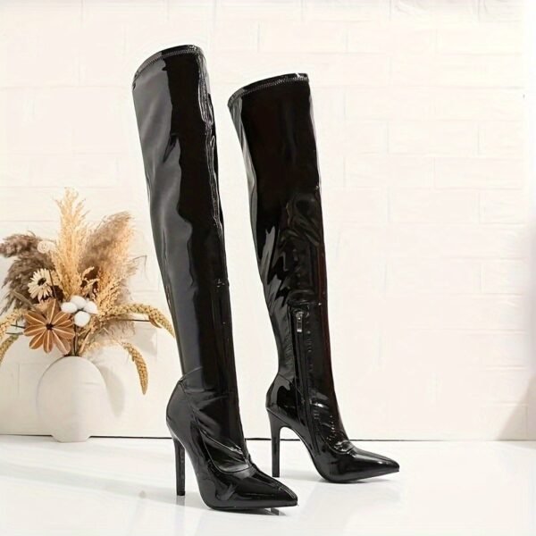 Solid Color Trendy Boots Side Zipper Casual Stiletto Over Knee Boots Versatile Point Toe Stretch Slim Boots - 图片 5