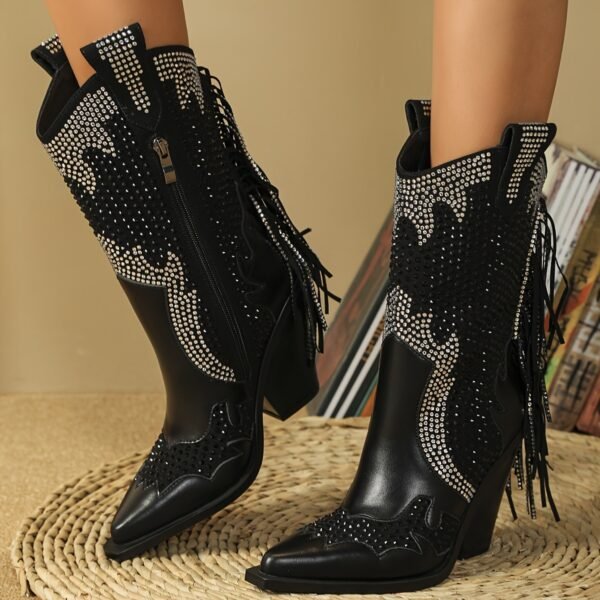 Rhinestone Boots Side Zipper Tassel Chunky Heel Knight Boots Point Toe Mid calf Western Cowboy Boots - 图片 7