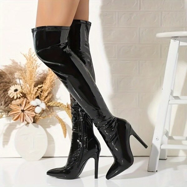 Solid Color Trendy Boots Side Zipper Casual Stiletto Over Knee Boots Versatile Point Toe Stretch Slim Boots - 图片 4
