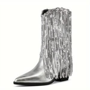 Shimmering Sequins Tassel Boots Chunky Soft Sole Heel Boots