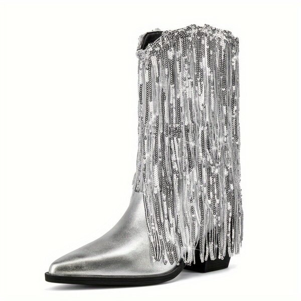 Shimmering Sequins Tassel Boots Chunky Soft Sole Heel Boots