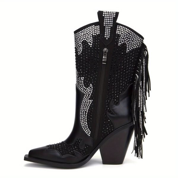 Rhinestone Boots Side Zipper Tassel Chunky Heel Knight Boots Point Toe Mid calf Western Cowboy Boots
