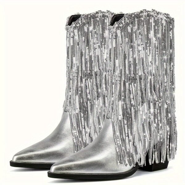 Shimmering Sequins Tassel Boots Chunky Soft Sole Heel Boots - 图片 5
