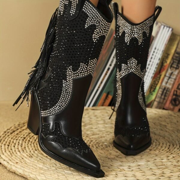 Rhinestone Boots Side Zipper Tassel Chunky Heel Knight Boots Point Toe Mid calf Western Cowboy Boots - 图片 4