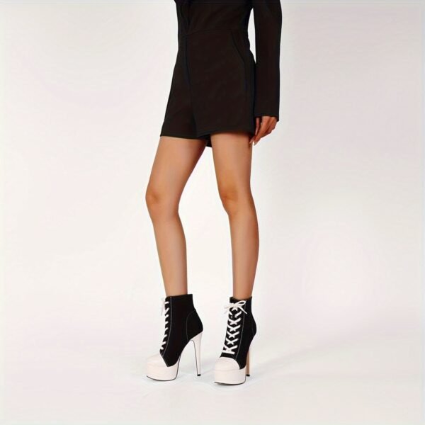 Platform Canvas High Heels Round Toe Lace Up Sneaker Boots Casual Stiletto Heels - 图片 2