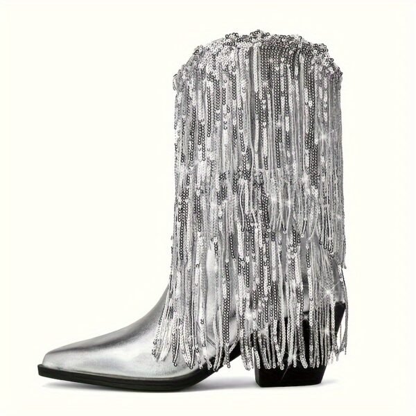 Shimmering Sequins Tassel Boots Chunky Soft Sole Heel Boots - 图片 4