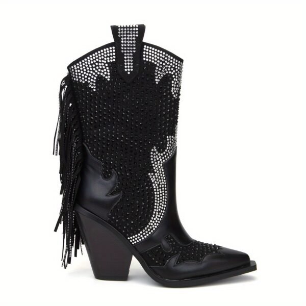 Rhinestone Boots Side Zipper Tassel Chunky Heel Knight Boots Point Toe Mid calf Western Cowboy Boots - 图片 3