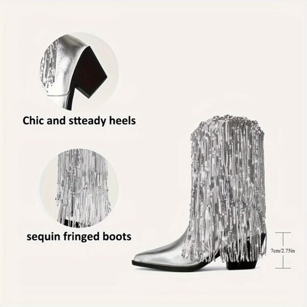 Shimmering Sequins Tassel Boots Chunky Soft Sole Heel Boots - 图片 3