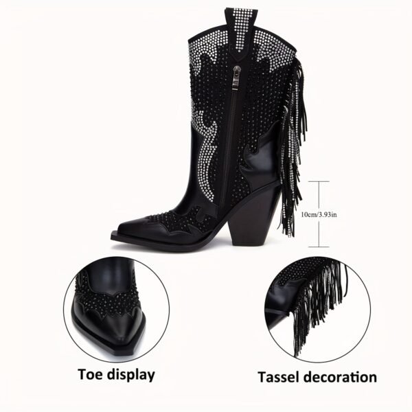 Rhinestone Boots Side Zipper Tassel Chunky Heel Knight Boots Point Toe Mid calf Western Cowboy Boots - 图片 2