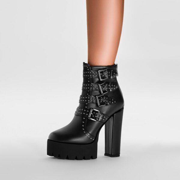 High Heeled Punk Ankle Boots Closed Toe Round Toe Style Thick Heel Boots - 图片 3