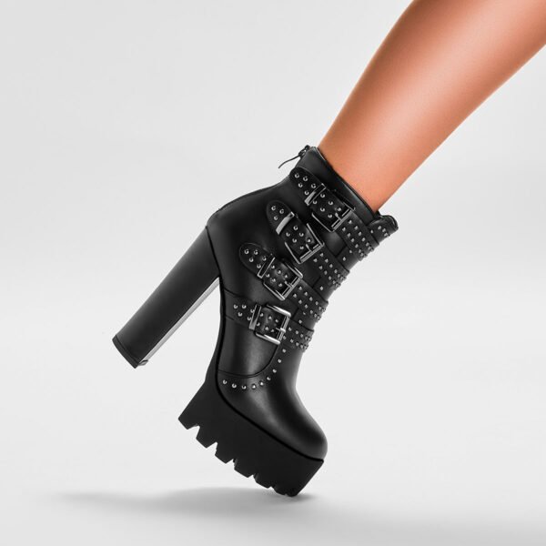 High Heeled Punk Ankle Boots Closed Toe Round Toe Style Thick Heel Boots - 图片 5
