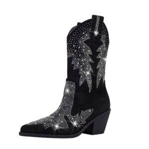 Rhinestone Slip-On Boots Sparkling Soft Sole Chunky Heel Pointed Toe Versatile Casual Boots