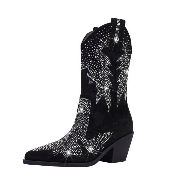 Rhinestone Slip-On Boots Sparkling Soft Sole Chunky Heel Pointed Toe Versatile Casual Boots