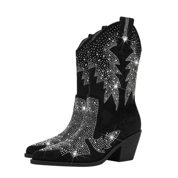 Rhinestone Slip-On Boots Sparkling Soft Sole Chunky Heel Pointed Toe Versatile Casual Boots - 图片 5