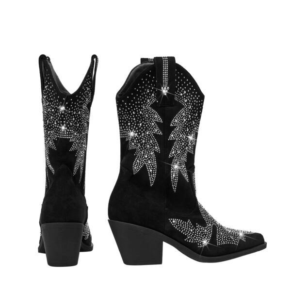 Rhinestone Slip-On Boots Sparkling Soft Sole Chunky Heel Pointed Toe Versatile Casual Boots - 图片 7