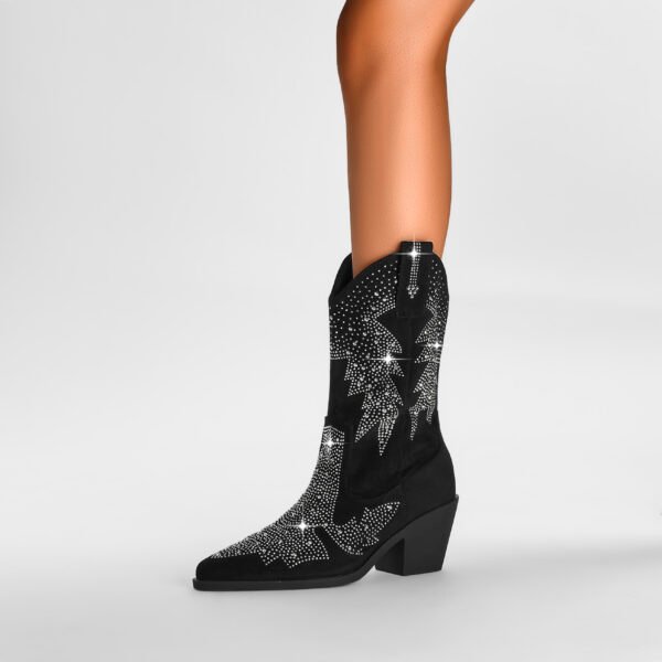 Rhinestone Slip-On Boots Sparkling Soft Sole Chunky Heel Pointed Toe Versatile Casual Boots - 图片 4