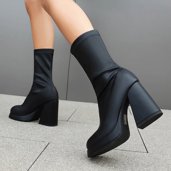 Black Elegant Solid Color Elastic Ankle Boots Square Toe Chunky Heel Classic Socks Boots - 图片 2