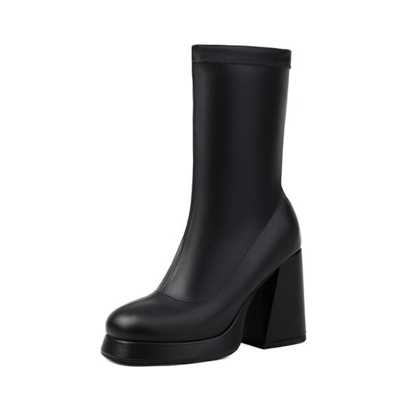 Black Elegant Solid Color Elastic Ankle Boots Square Toe Chunky Heel Classic Socks Boots - 图片 6
