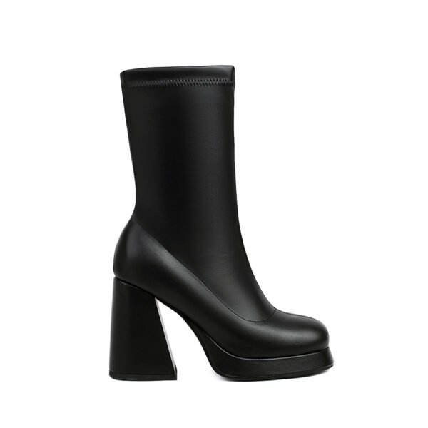 Black Elegant Solid Color Elastic Ankle Boots Square Toe Chunky Heel Classic Socks Boots - 图片 7