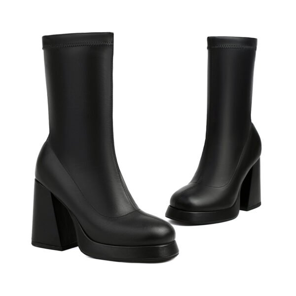 Black Elegant Solid Color Elastic Ankle Boots Square Toe Chunky Heel Classic Socks Boots - 图片 8