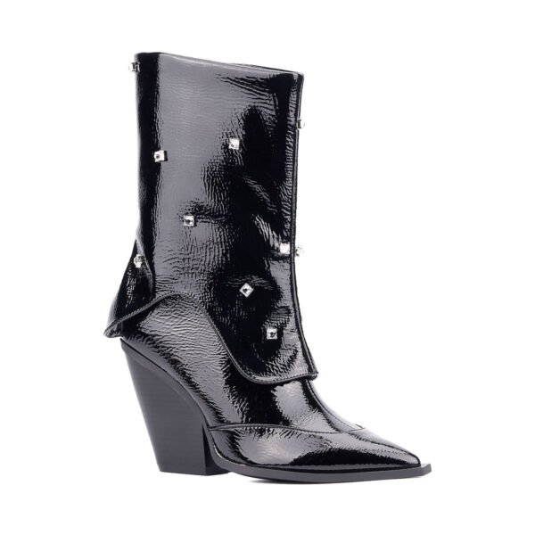 Black Mid-Calf Boots Rhinestone Embellishments Pointed Toe Zip Closure Block Heel Heeled Fashion Boots - 图片 6
