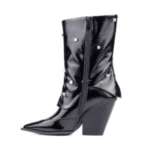 Black Mid-Calf Boots Rhinestone Embellishments Pointed Toe Zip Closure Block Heel Heeled Fashion Boots
