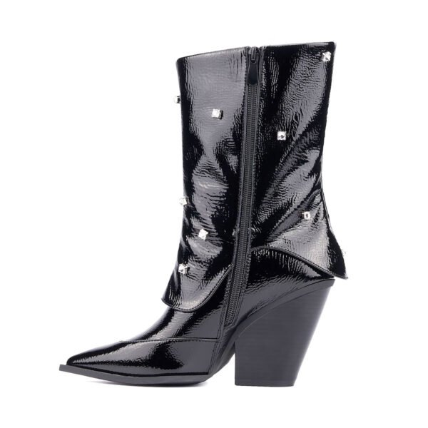 Black Mid-Calf Boots Rhinestone Embellishments Pointed Toe Zip Closure Block Heel Heeled Fashion Boots