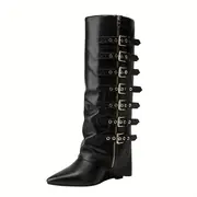 Knee High Boots Side Zipper Flat Head Square Heel Fashionable High Boots