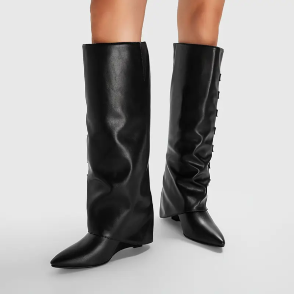 Knee High Boots Side Zipper Flat Head Square Heel Fashionable High Boots - 图片 4