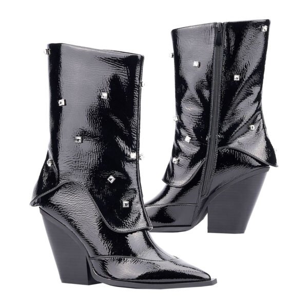 Black Mid-Calf Boots Rhinestone Embellishments Pointed Toe Zip Closure Block Heel Heeled Fashion Boots - 图片 3