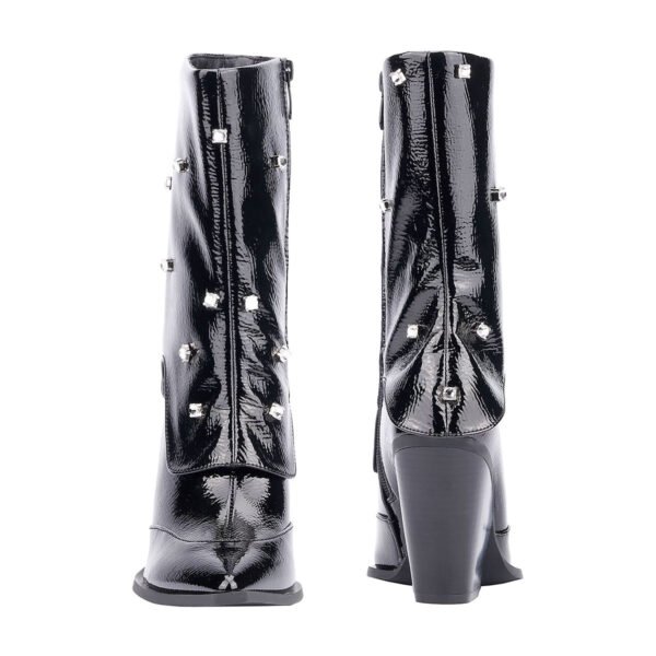 Black Mid-Calf Boots Rhinestone Embellishments Pointed Toe Zip Closure Block Heel Heeled Fashion Boots - 图片 2