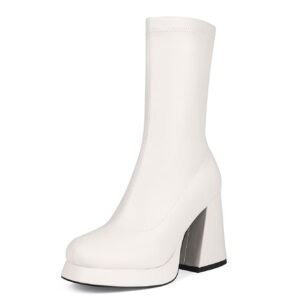 Women's Solid Color Stylish Boots Pull On Platform Slim Winter Chunky Heels Round Toe Versatile Boots For Autumn