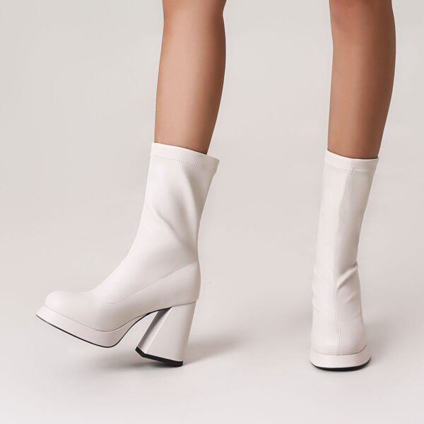 Women's Solid Color Stylish Boots Pull On Platform Slim Winter Chunky Heels Round Toe Versatile Boots For Autumn - 图片 6
