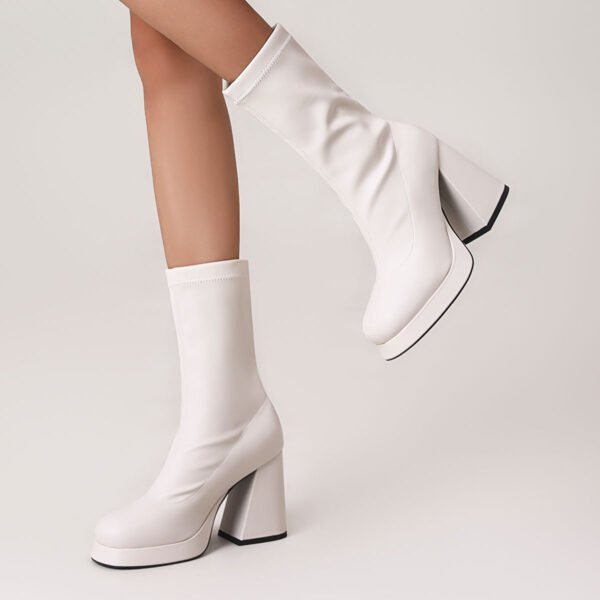 Women's Solid Color Stylish Boots Pull On Platform Slim Winter Chunky Heels Round Toe Versatile Boots For Autumn - 图片 7