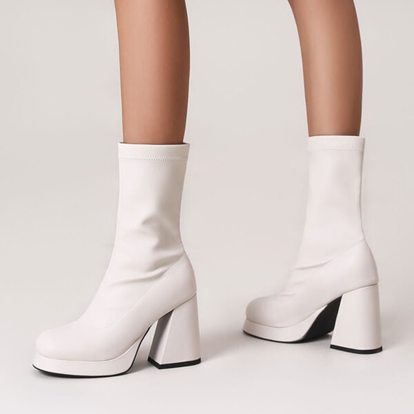 Women's Solid Color Stylish Boots Pull On Platform Slim Winter Chunky Heels Round Toe Versatile Boots For Autumn - 图片 2