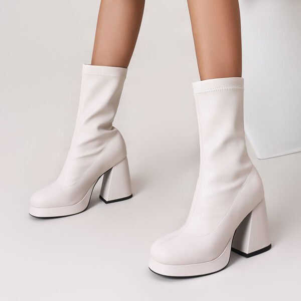 Women's Solid Color Stylish Boots Pull On Platform Slim Winter Chunky Heels Round Toe Versatile Boots For Autumn - 图片 4
