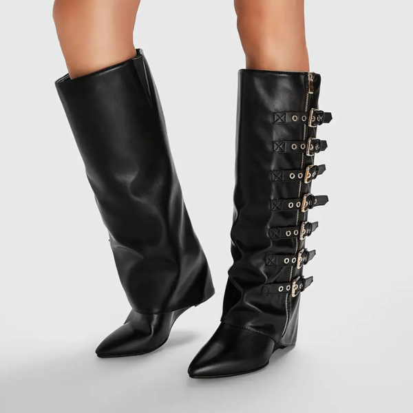 Knee High Boots Side Zipper Flat Head Square Heel Fashionable High Boots - 图片 2