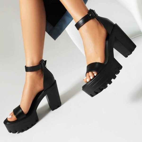 Solid Color Elegant Sandals Thick Zipper Soft Sole Thick High-Heeled Shoes Ankle Buckle Strap Versatile Shoes - 图片 3