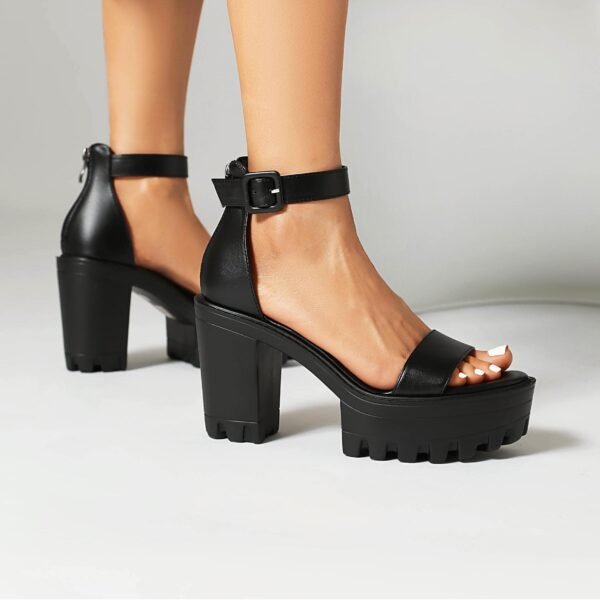 Solid Color Elegant Sandals Thick Zipper Soft Sole Thick High-Heeled Shoes Ankle Buckle Strap Versatile Shoes - 图片 4