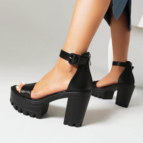 Solid Color Elegant Sandals Thick Zipper Soft Sole Thick High-Heeled Shoes Ankle Buckle Strap Versatile Shoes - 图片 5