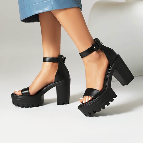 Solid Color Elegant Sandals Thick Zipper Soft Sole Thick High-Heeled Shoes Ankle Buckle Strap Versatile Shoes - 图片 2