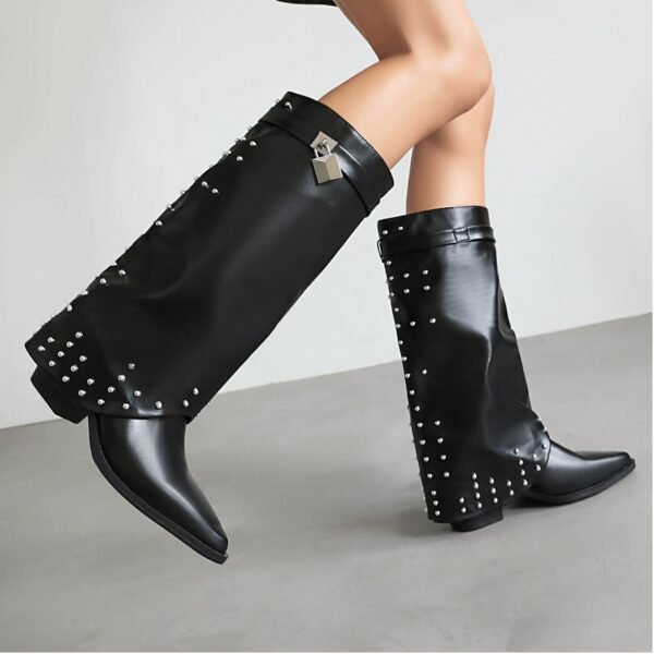 Artificial Crocodile Patterned Boots Side Zipper Casual Thick Heel Slim Fit Boots Fashionable Pointed Folding Boots - 图片 2